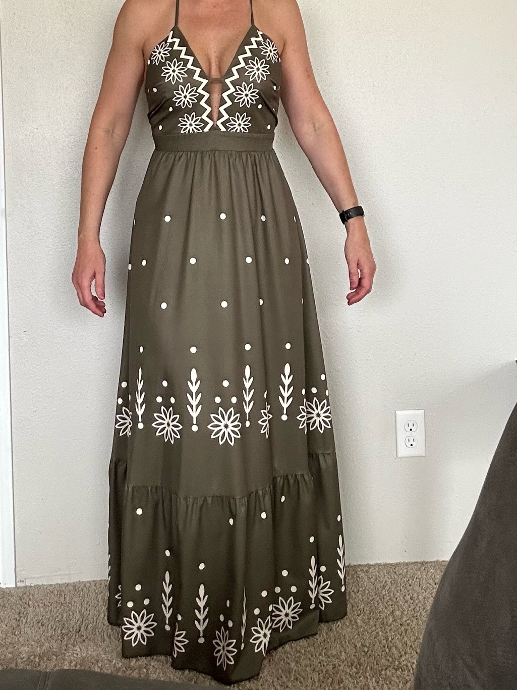 Olive Green Floral Embroidered Halter Maxi Dress